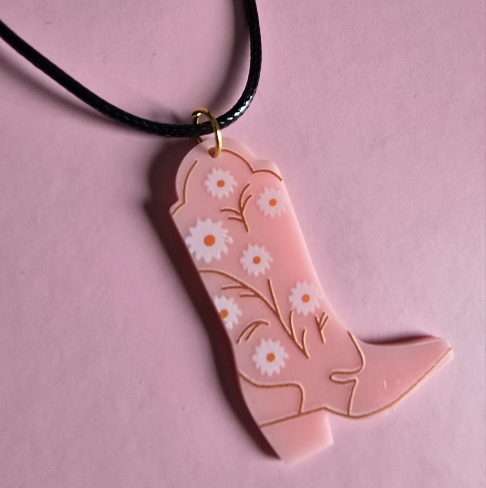 Pink Cowboy Boot Necklace Handmade With Daisies